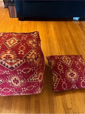 Red Geometric Pattern Floor Pouf and Accent Pillow - Home Accents